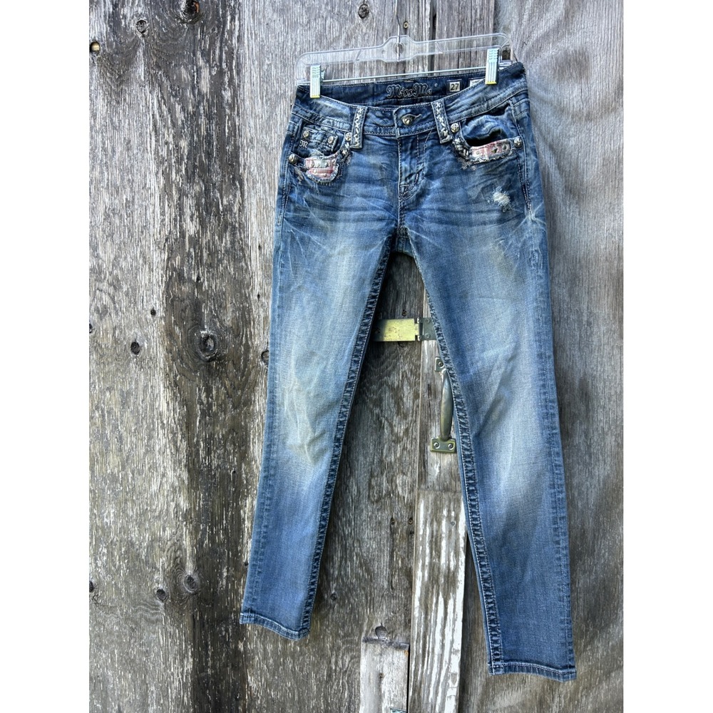 Miss Me Skinny Jeans Womens 27 Medium Wash Distressed Embellished Plaid Studded